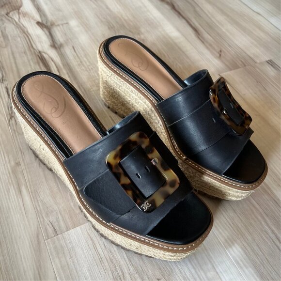 Sam Edelman Shoes - Sam Edelman Livi Platform Espadrille Wedge Sandals Black Leather Women's Size 10